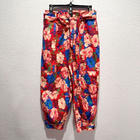 Zara Red Floral Belted Cropped Jogger Pants Women’s Medium Cotton Statement ASO - Picture 1 of 8